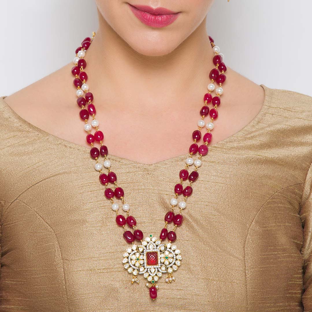 Gold-Toned Red Glass Beads Necklace Set with Statement Pendant – A Local  Tribe